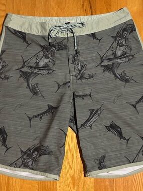 Huk Gray/Green Marlin & Mermaid Board Shorts